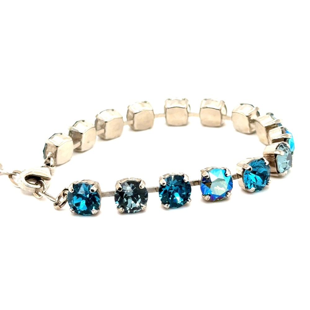 Blue Crystal Tennis Bracelet Silver Tone Adjustable 7-9 Inch Aurora Borealis - Picture 4 of 10